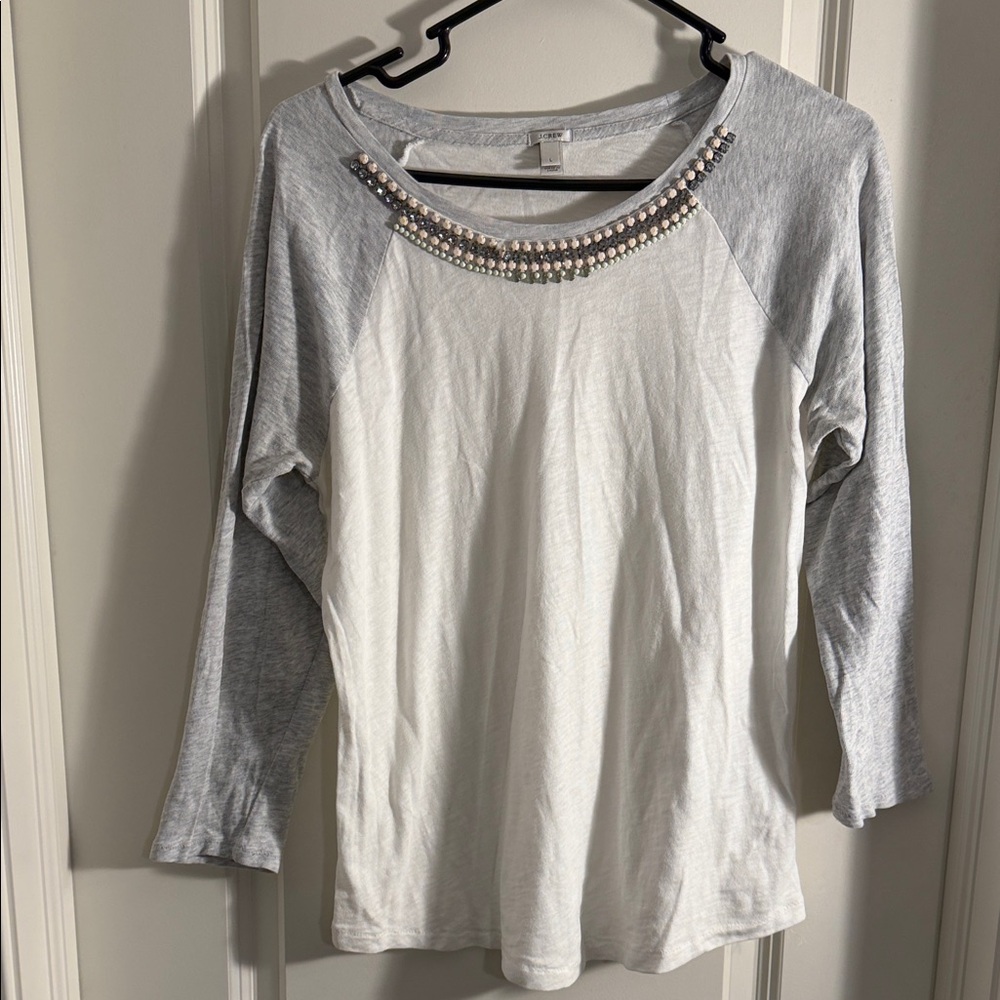 J. Crew Gray and White Long Sleeve Top with Embellished Neckline